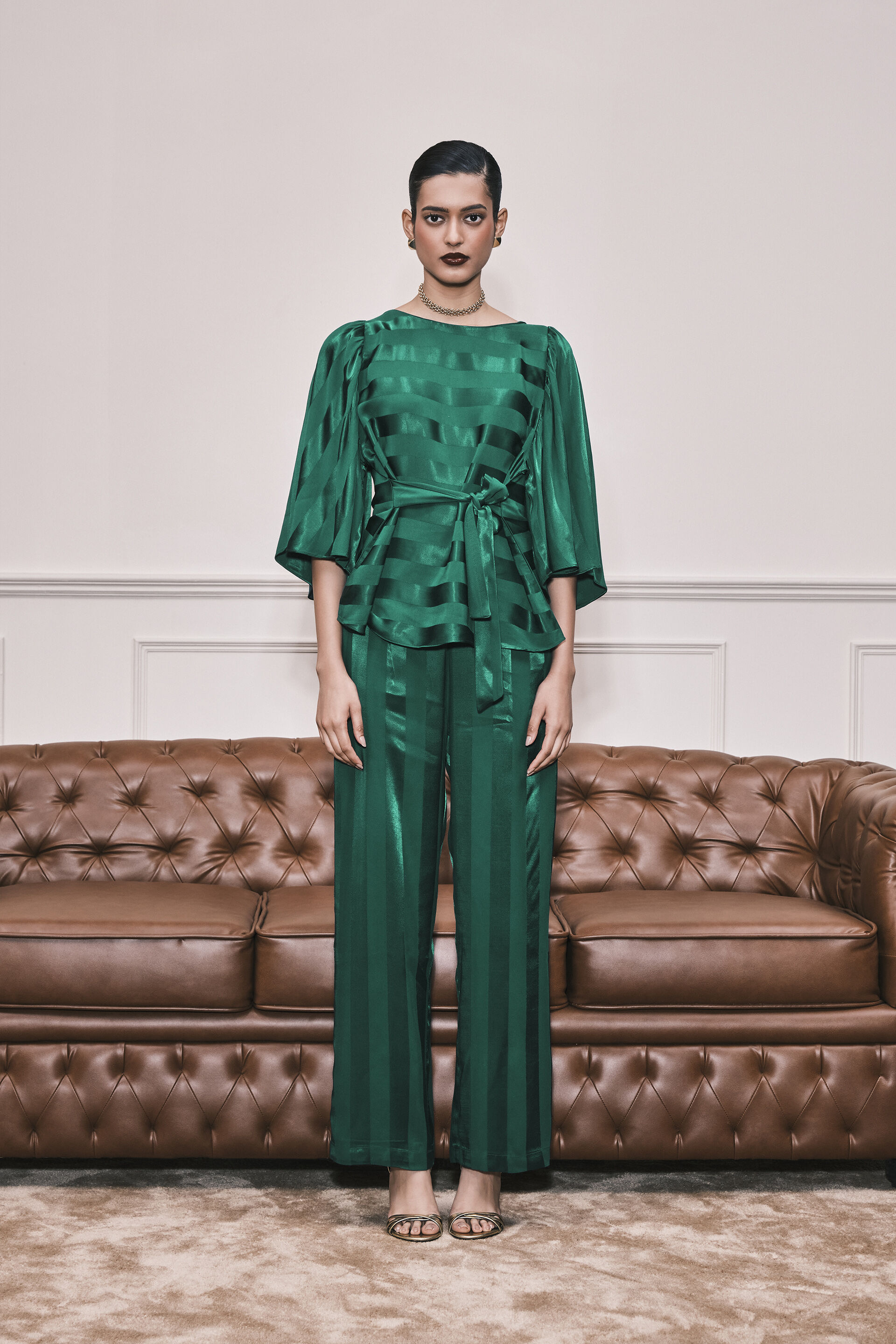 Stripes in Stack Satin Co-ord Set, Green, image 4